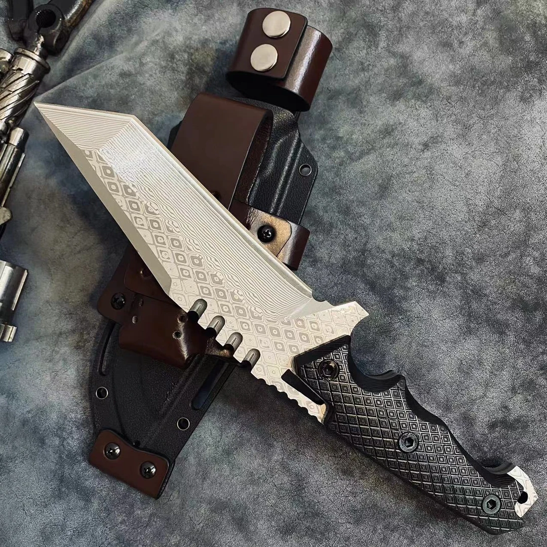 方头赏金猎刃带K鞘真品大马士革加厚夹钢户外多功能收藏款