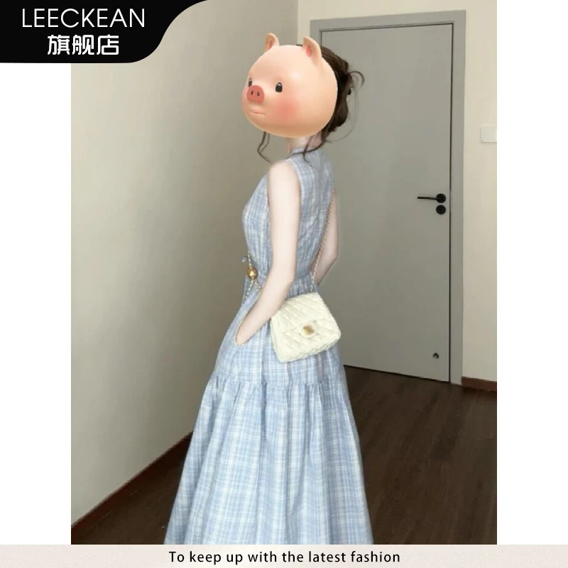 黎客法式蓝色格纹无袖背心连衣裙女2025夏季新款海边度假气质长裙