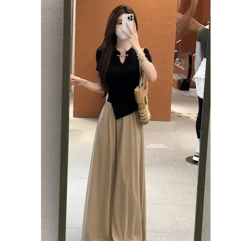 夏季搭配一整套法式慵懒风套装简约百搭短袖上衣宽松阔腿裤两件套