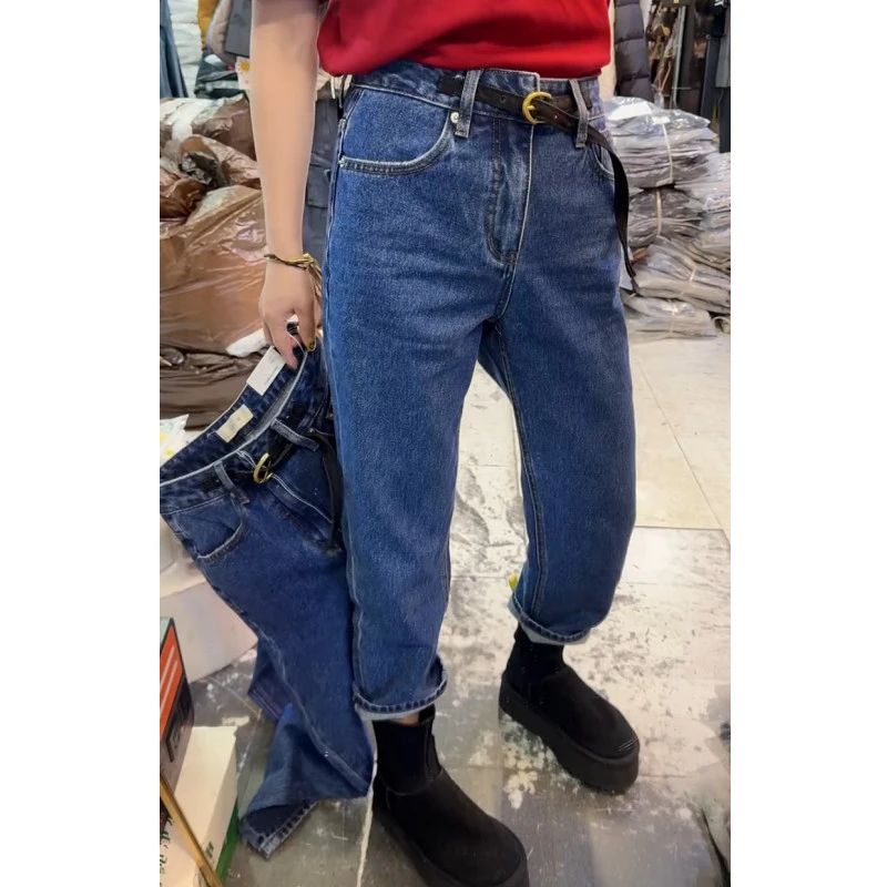 萱贝纯2026年早春新款大码高腰九分直筒牛仔裤女百搭显瘦法棍裤