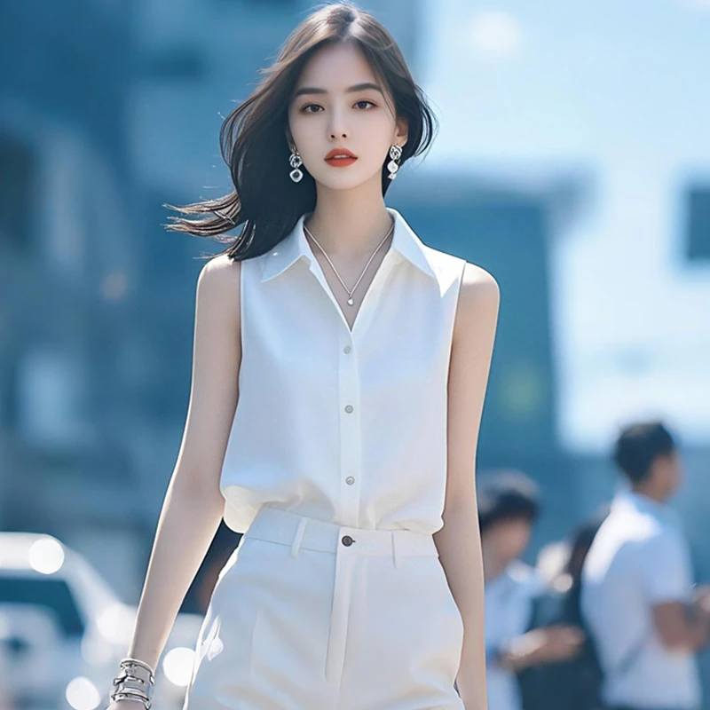 夏季新款设计感拼接纽扣无袖小众女士衬衫法式别致气质雪纺上衣服