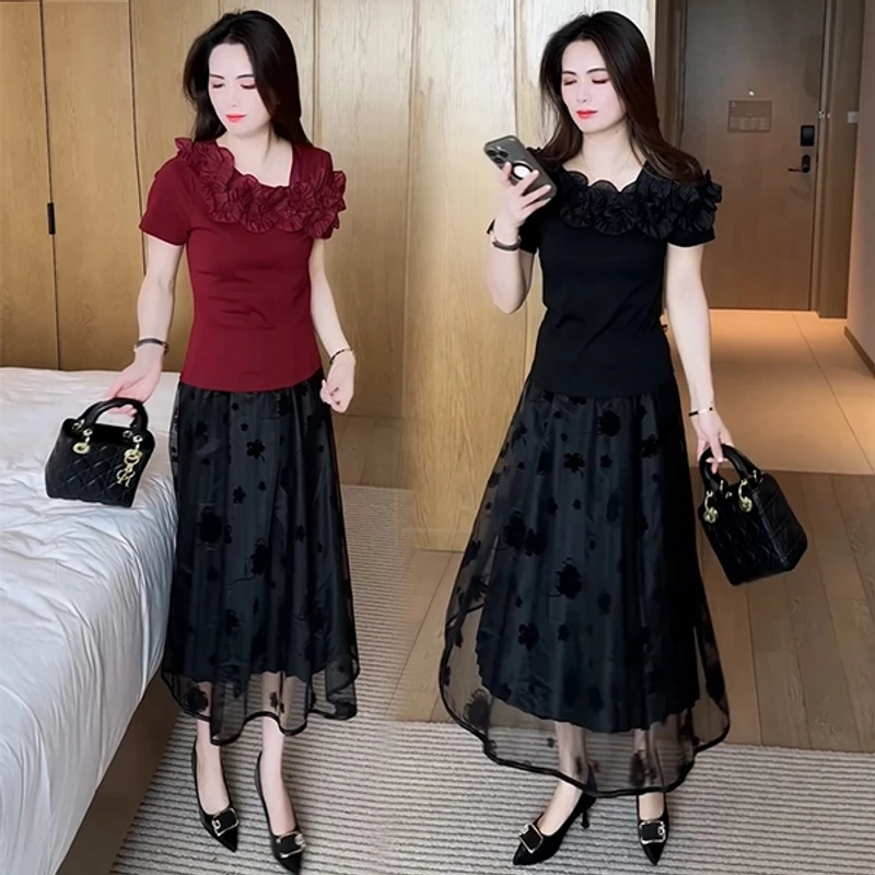 春夏季设计感小众洋气时尚气质小个子减龄短袖花边T恤法式黑色