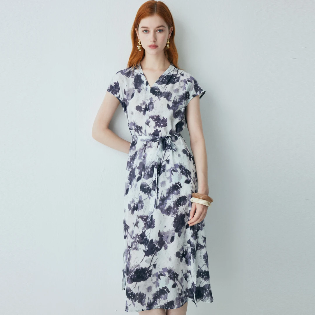 25夏季新款V领减龄印花A字裙系带真丝连衣裙ES251181Z