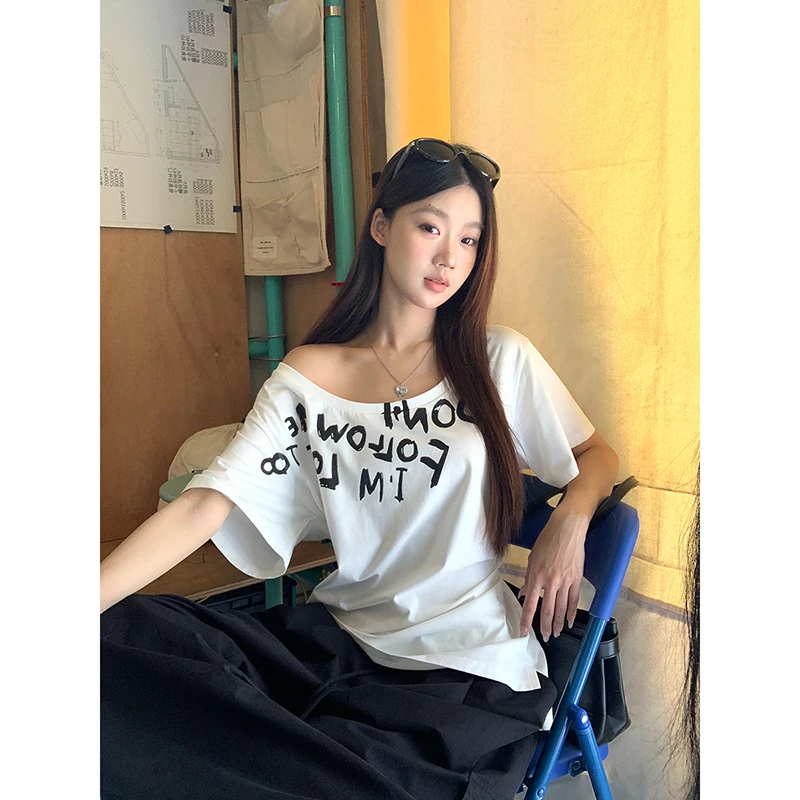 【暗夜微醺】夏季时尚高街字母印花斜肩宽松T恤252T1578#