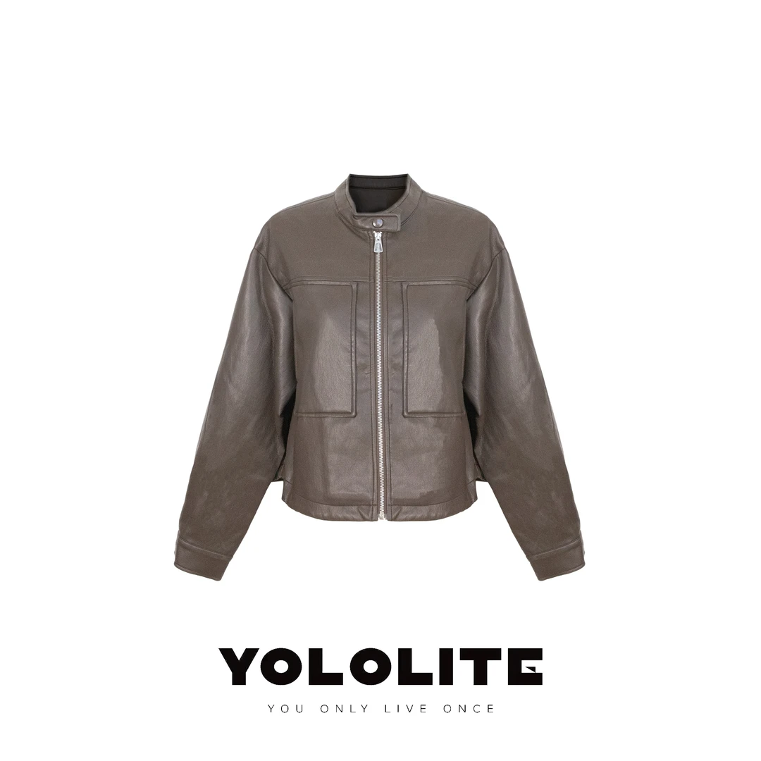 YOLOLITE【美式优雅】2573咖色皮衣外套简约立领拉链短款夹克女