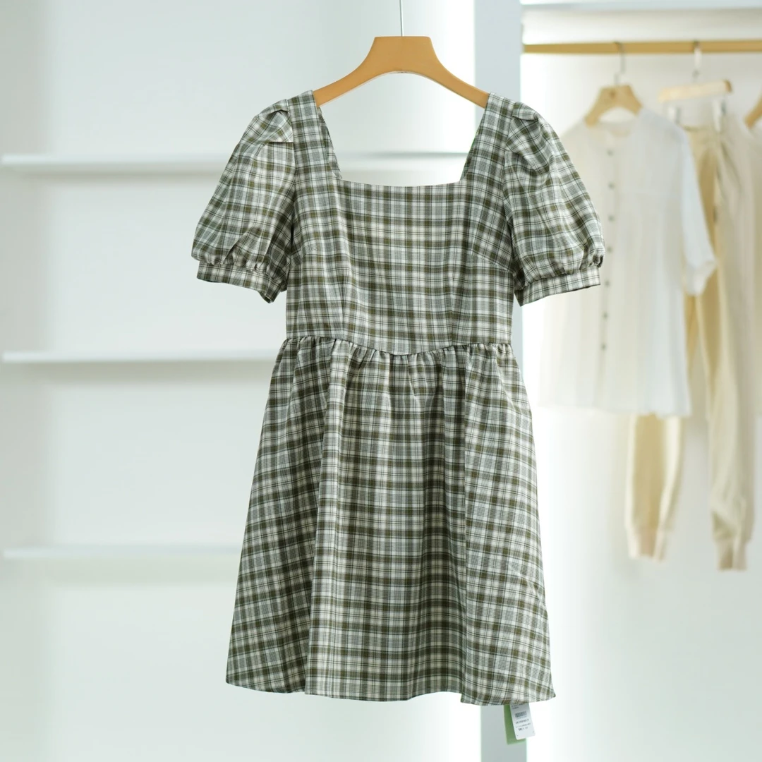 一路童行 谷系列  A088 女装夏短袖连衣裙绿格212YLY208-1