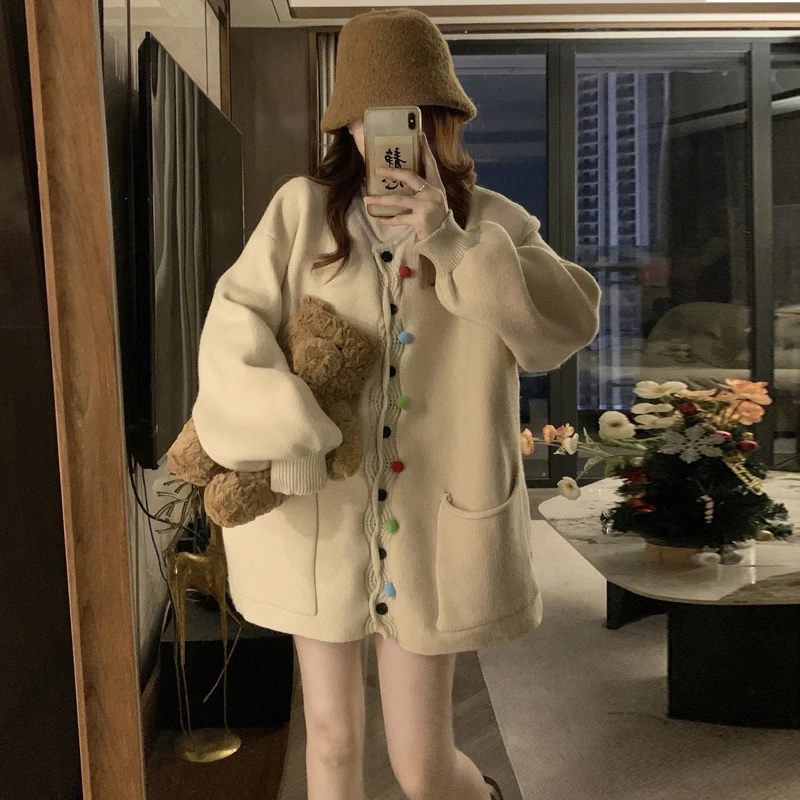 【6791】胖MM秋冬韩系毛衣厚外套女宽松百搭慵懒风针织开衫高品质