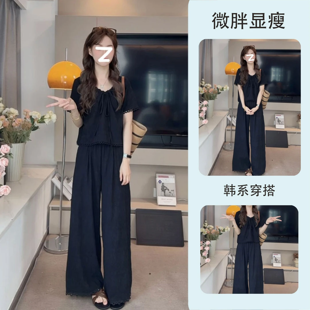 黑色大码微胖夏季女装2025巨好看黑色短袖衬衫阔腿裤两件套