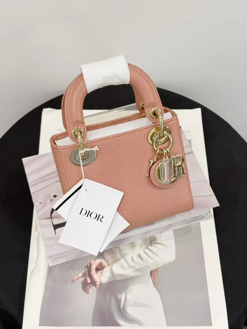 全新未使用 DIOR/迪奥 三格戴妃蜥蜴皮木槿粉链条肩带 大全套