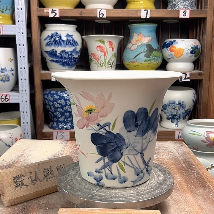 陶斗笠青花荷花陶瓷