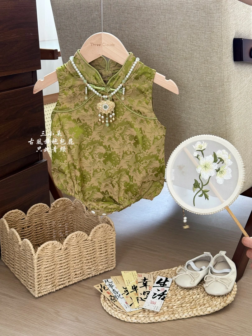 三小朵【只此青绿】女宝宝婴幼儿古风哈衣新中式百天夏装包屁