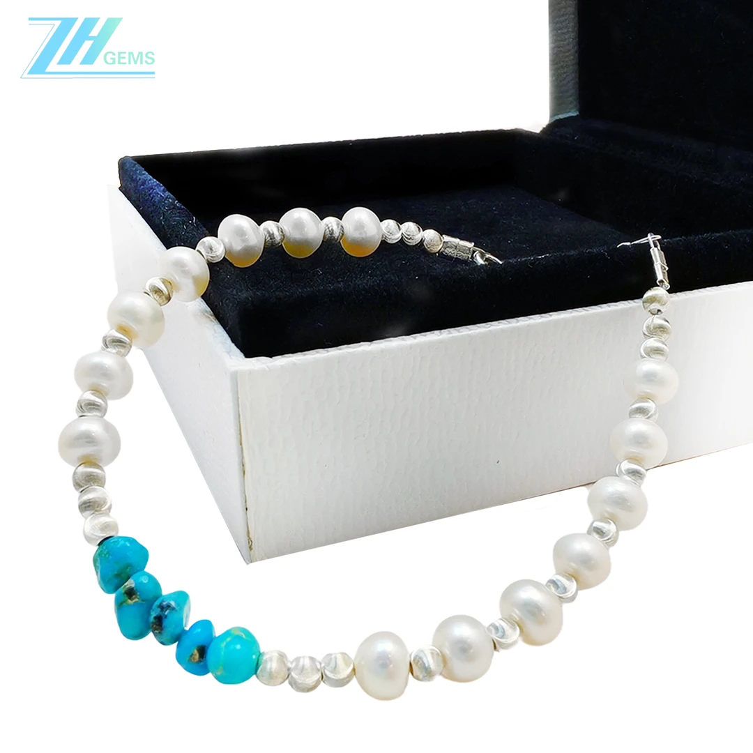 ZH高品质绿松石珍珠女士手链 搭配S925银 精致手链珠宝首饰现代风