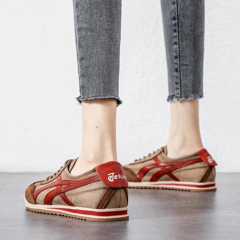 头层牛皮复古德训鞋女平底阿甘鞋2025春季新款软底运动休闲单鞋女