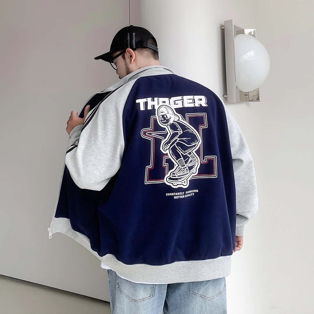 潮牌大码男装2025秋胖子插肩袖卡通开衫卫衣宽松立领外套加肥加大