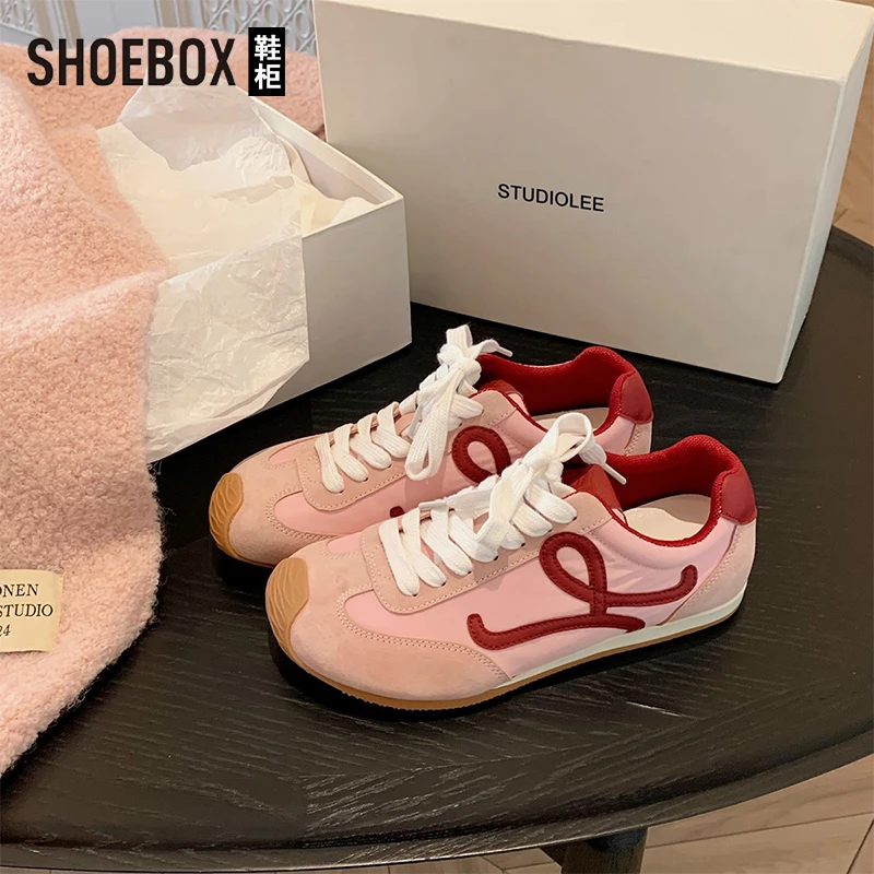 SHOEBOX鞋柜粉色内增高德训鞋女2025春新款厚底百搭休闲运动鞋女