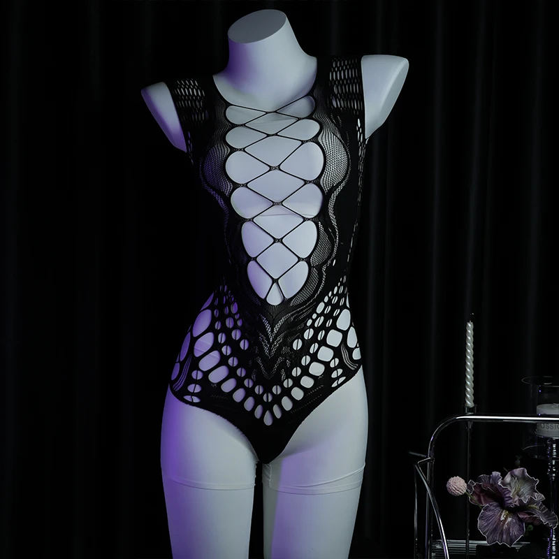 撕撕乐一体式紧身衣蕾丝透视网衣性感镂空高弹可撕渔网连体睡衣女