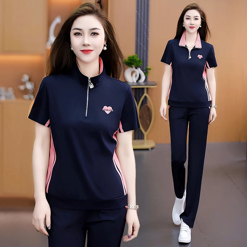 洋气减龄半开衫拼色短袖运动套装女2025夏季新款休闲气质两件套