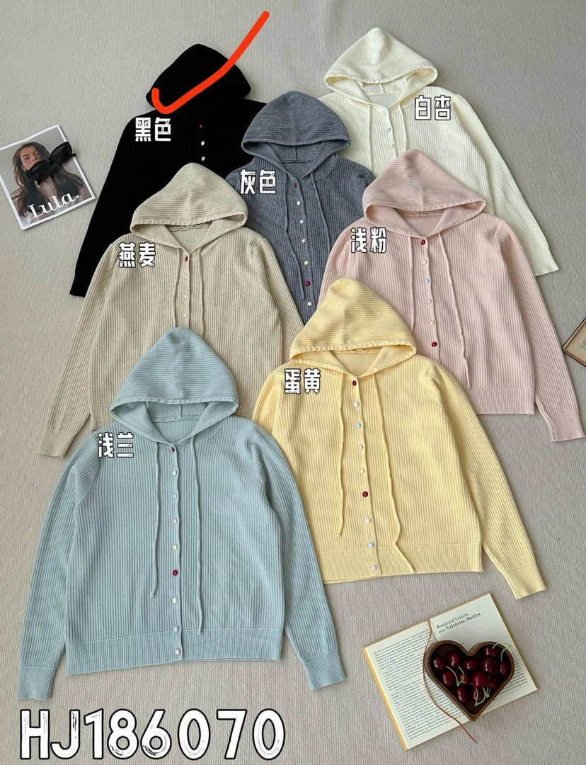 灰色秋季慵懒风上衣针织衫带帽常规毛针织衫黑色长袖短款加绒