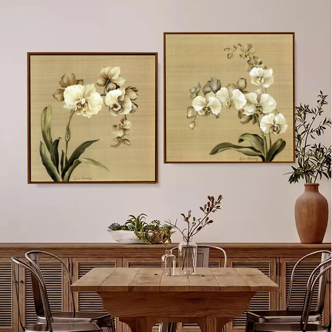 蝴蝶兰 法式中古风线稿素描装饰画玄关斗柜高级感美拉德卧室挂画