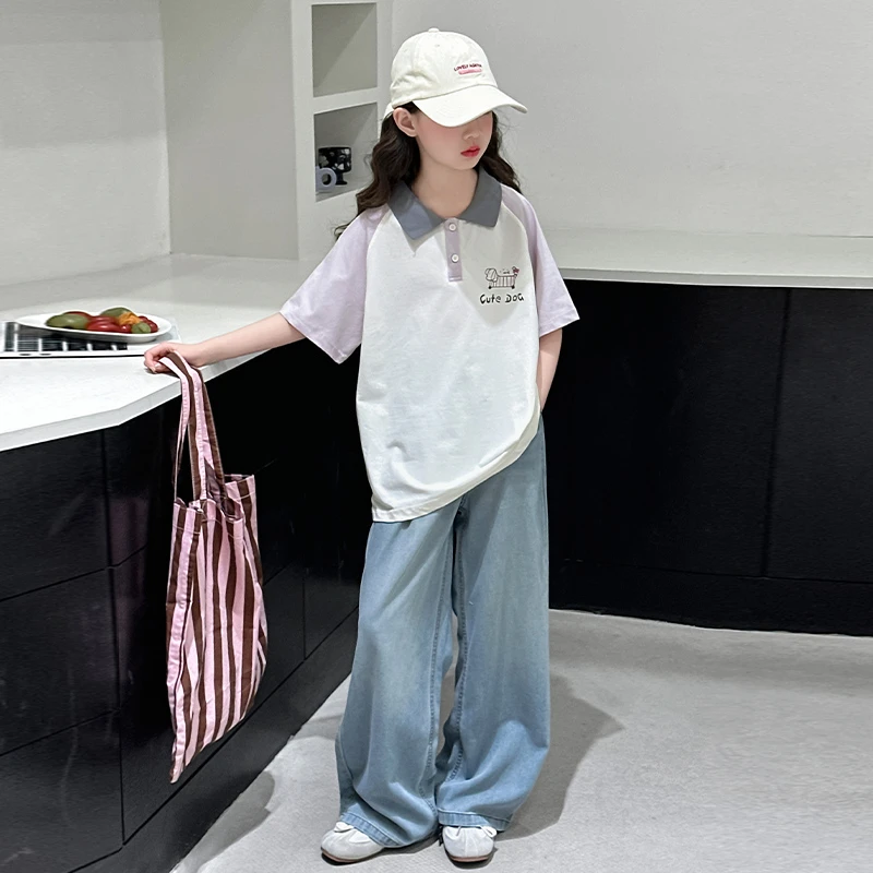 女童夏季短袖套装2025新款女孩大童休闲POLO衫上衣儿童夏装阔腿裤