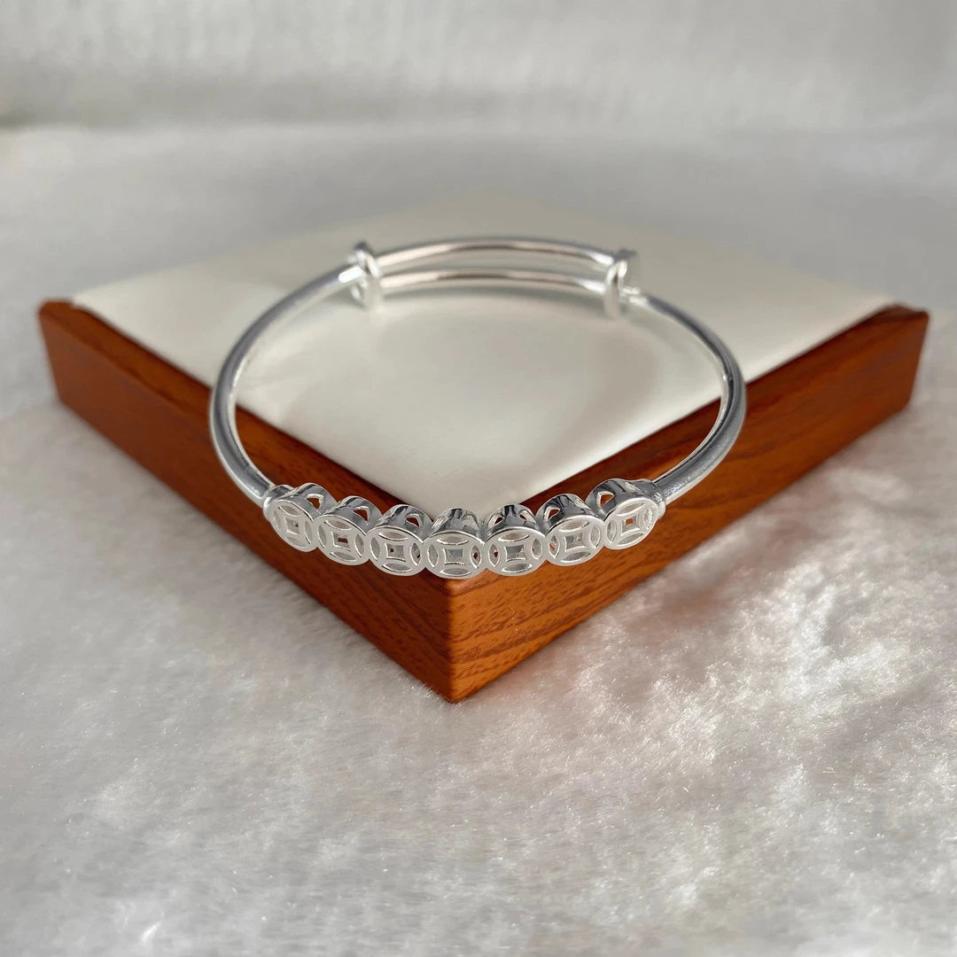 足银手镯 足银999铜钱推拉纯银手镯时尚设计小众银镯情人节送女友