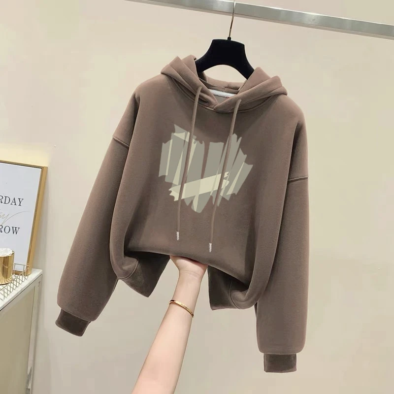 设计感小众秋冬新款2025加绒加厚套头连帽卫衣女短款宽松韩版外套