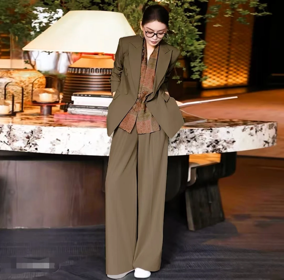 2025秋季新款设计感可调节系带老钱风西装阔腿裤配丝巾时尚两件套