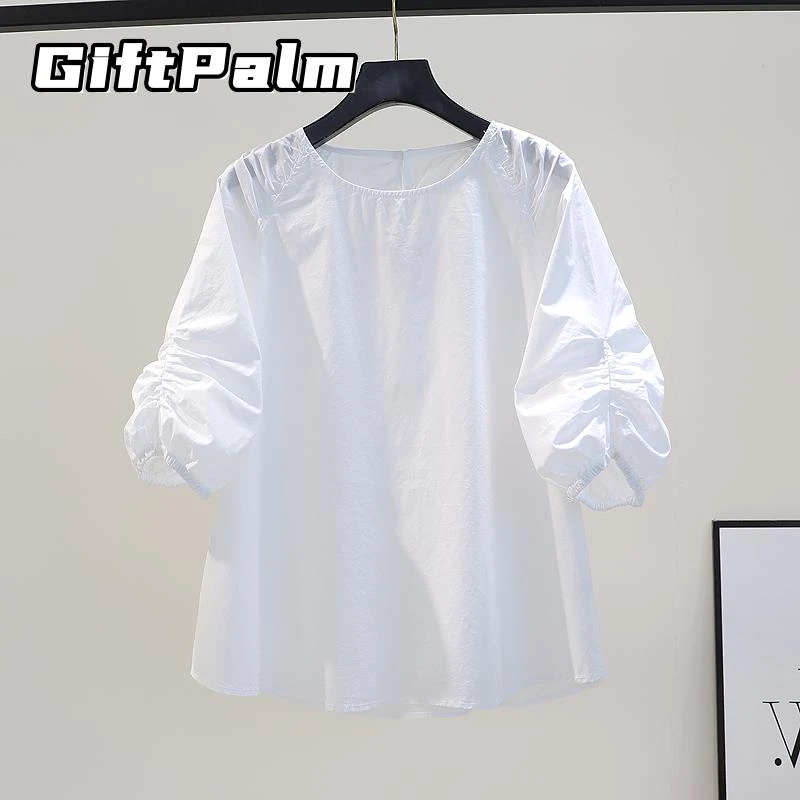 GiftPalm高端出口褶皱泡泡袖白色衬衫圆领套头宽松洋气百搭小衫女