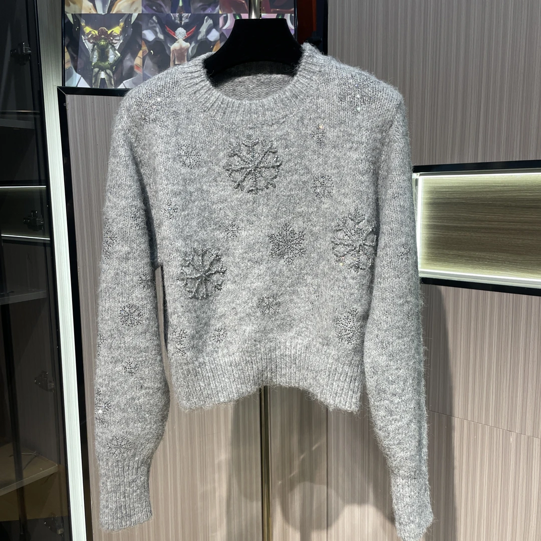 《猪猪出品》灰色雪花毛衣时尚百搭圆领秋冬网红设计师442