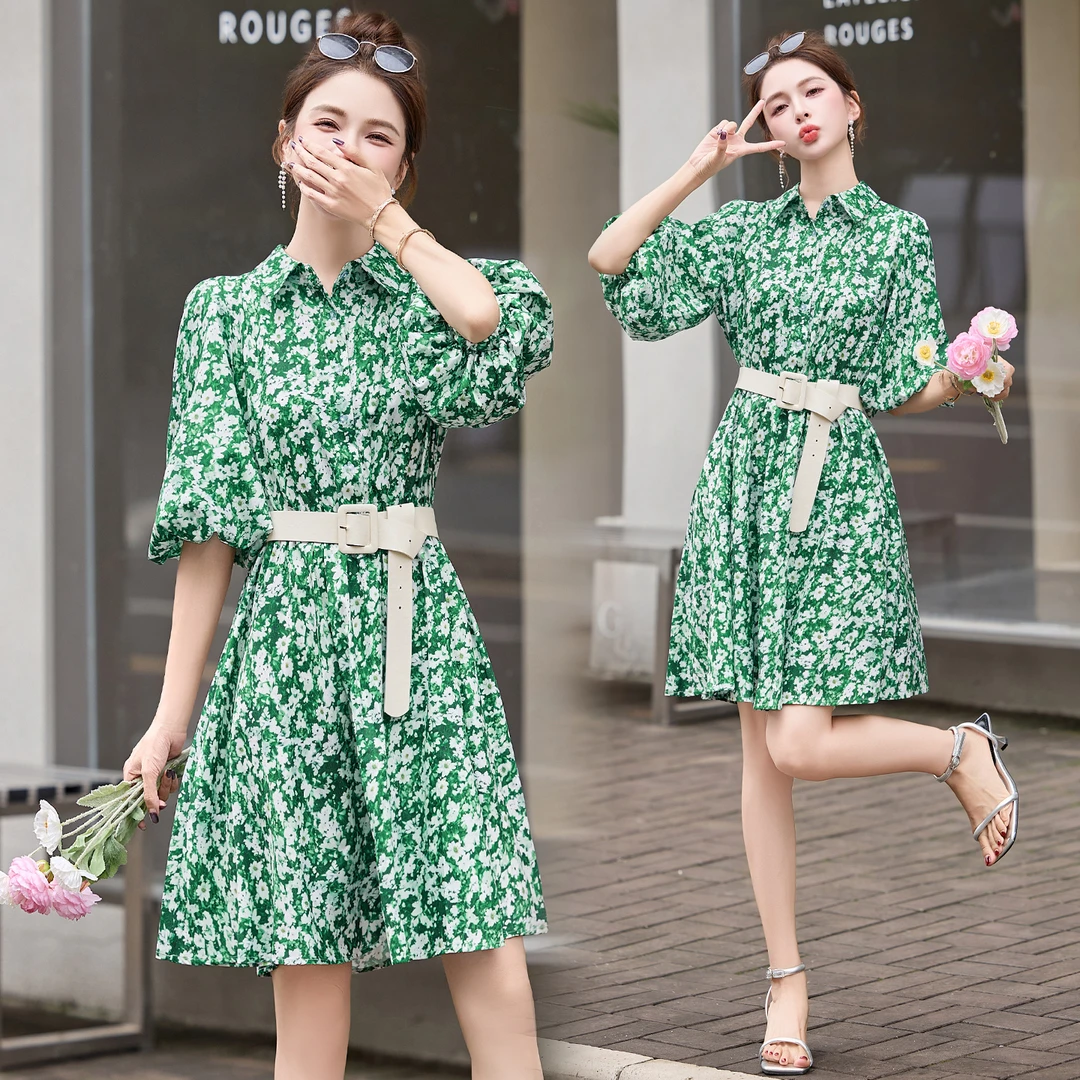 韩系减龄碎花衬衫连衣裙女2025夏季新款小个子系带收腰中长款裙子