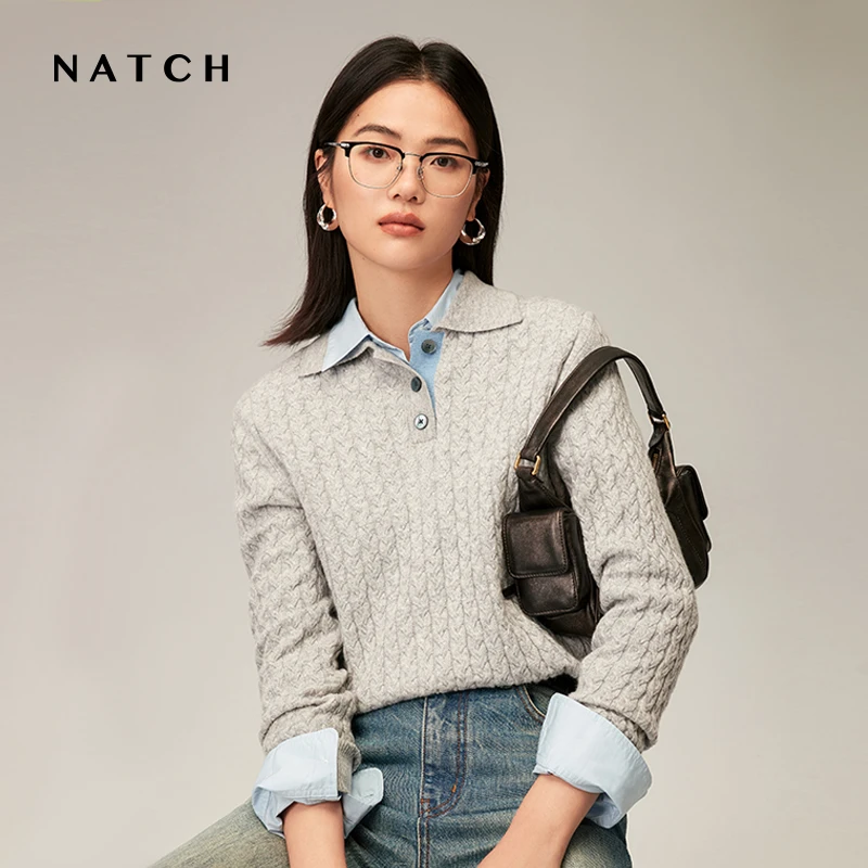NATCH/南枳羊绒羊毛绞花毛衣女2025秋老钱风Polo衫高端质感经典款