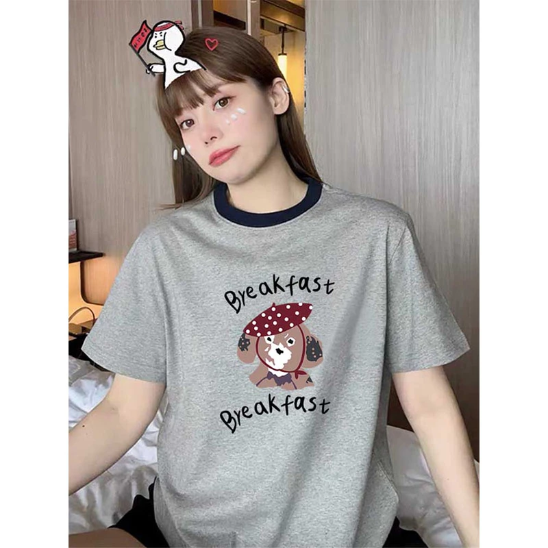 2025新款正肩领口撞色短袖t恤女休闲时尚百搭减龄显瘦上衣ins潮牌