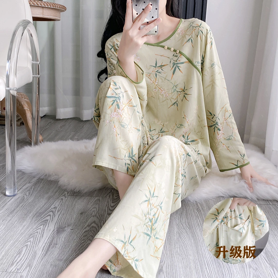 2025高品质中式棉绸套头睡衣女套装睡衣慵懒风空调服家居服套装女