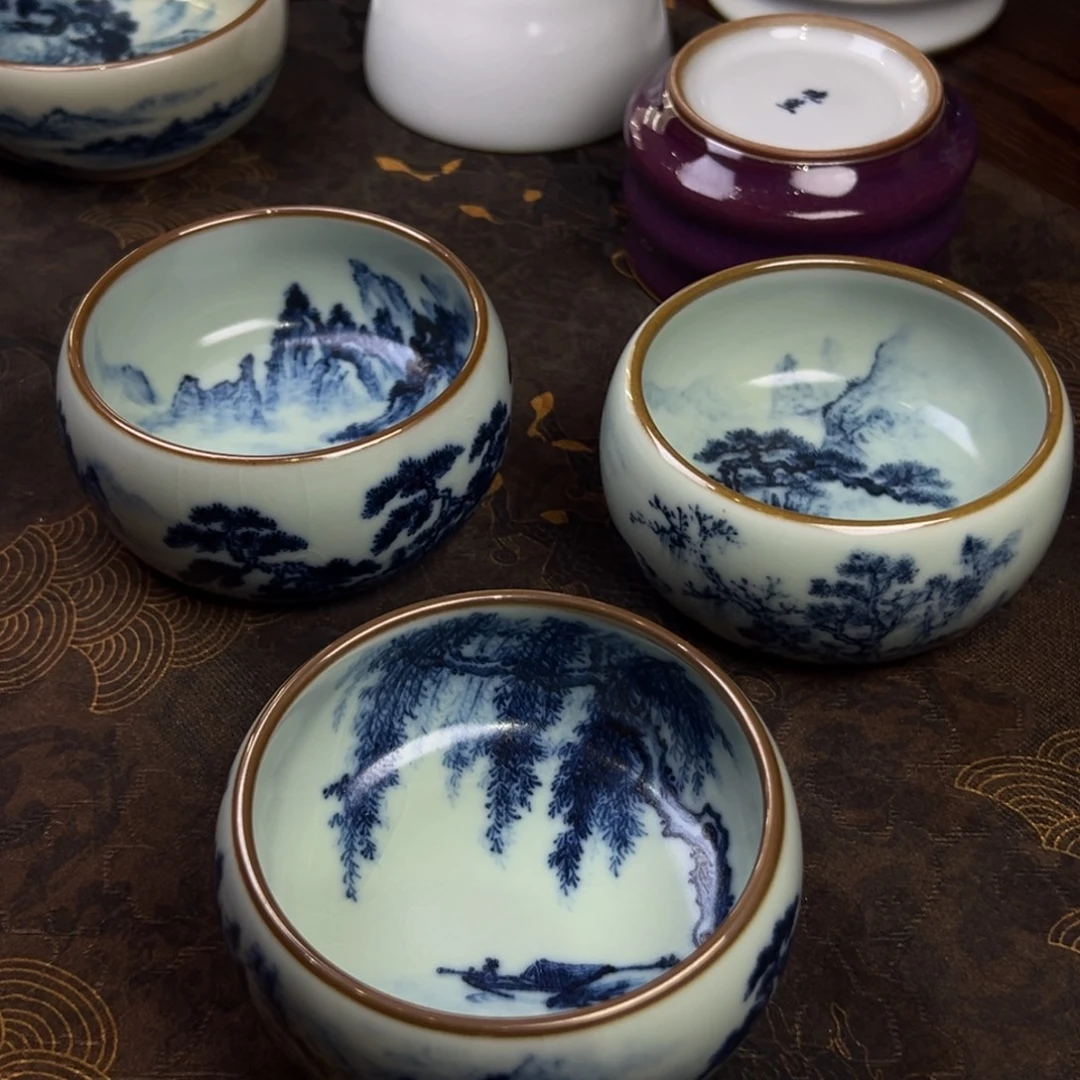 天青内外绘山水佛手杯
