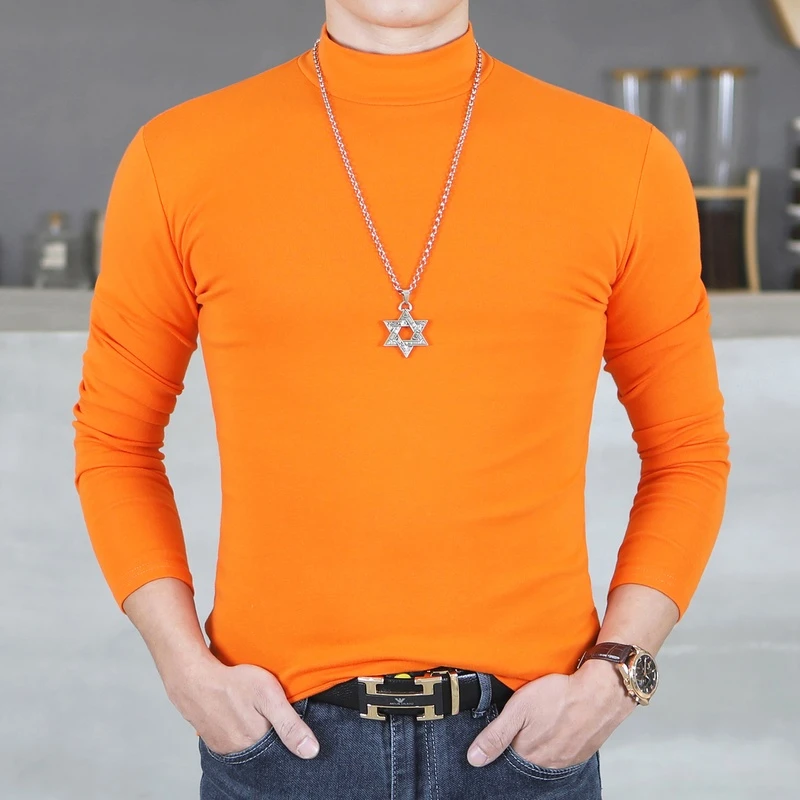 秋冬中领橙色潮流长袖男士科技保暖长袖T恤打底衫修身百搭棉衣服