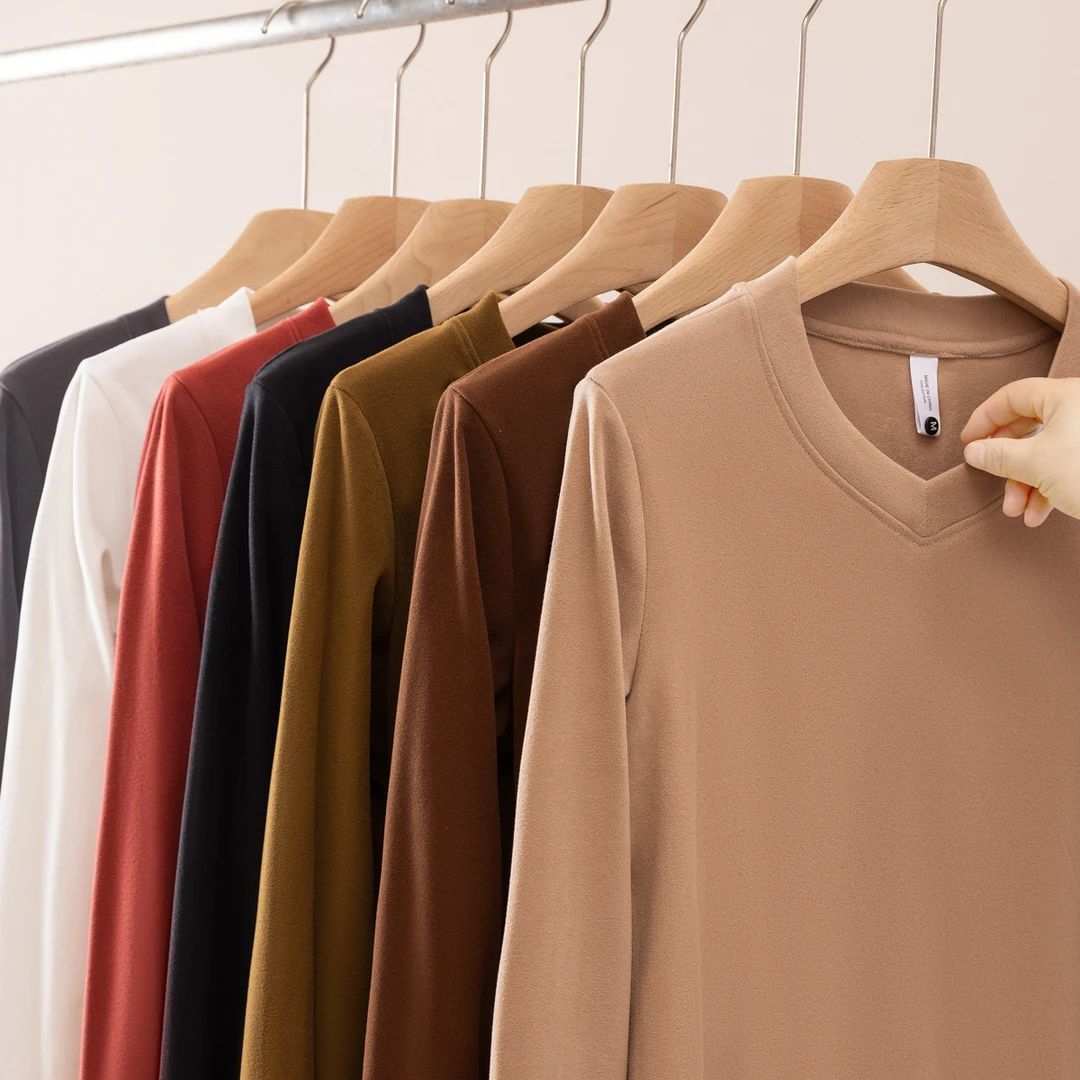 B 门店2&49！早春内搭主力！亲肤双面磨毛鸡心领长袖打底衫女C20007