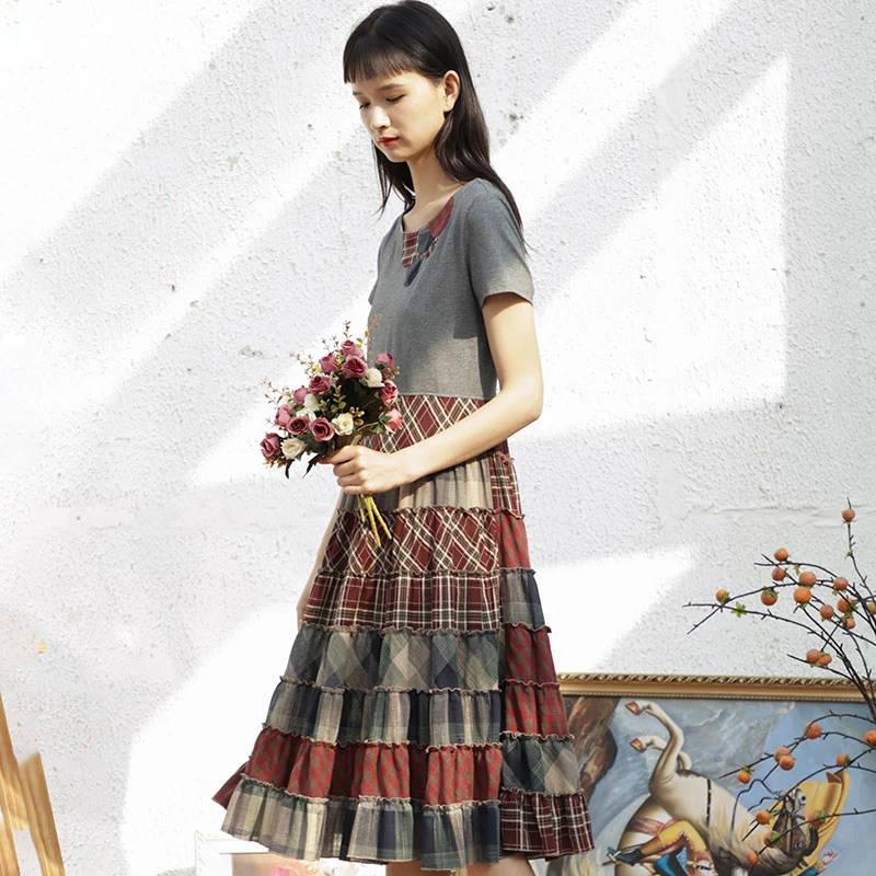 我布原创复古风改良版显瘦气质端庄拼接短袖蛋糕裙女WHCDLY1