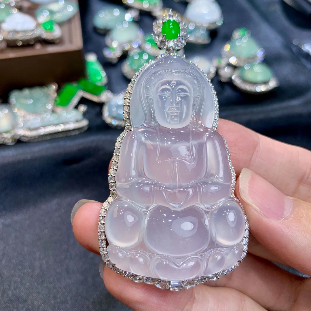 冰钢翡翠正装观音气质白色冰透镶嵌高冰精雕精美雕刻蓝针坠链