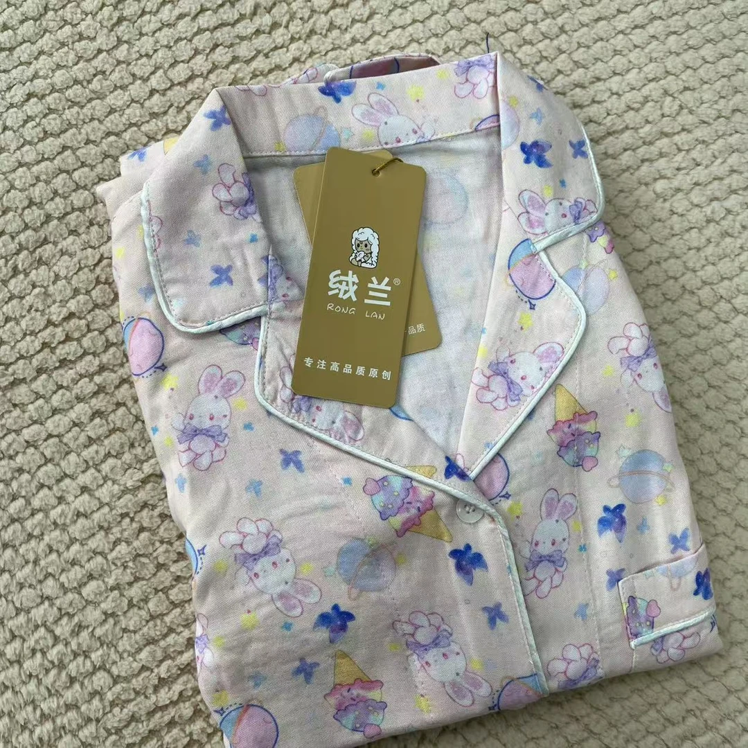 【绒兰】女款长袖长裤 A类竹纤维双层纱家居服套装 6号 冰淇淋兔