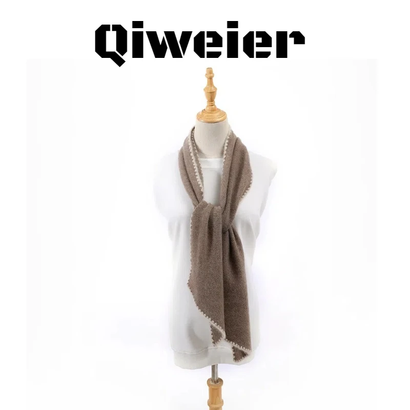 Qiweier100%纯山羊绒围巾女士重工纯手工勾边秋冬