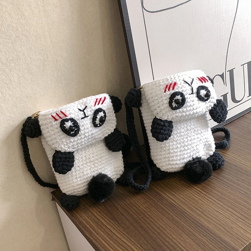 钩织韩版熊猫手机包可爱手工编织毛线成品卡通儿童单肩斜挎零钱包
