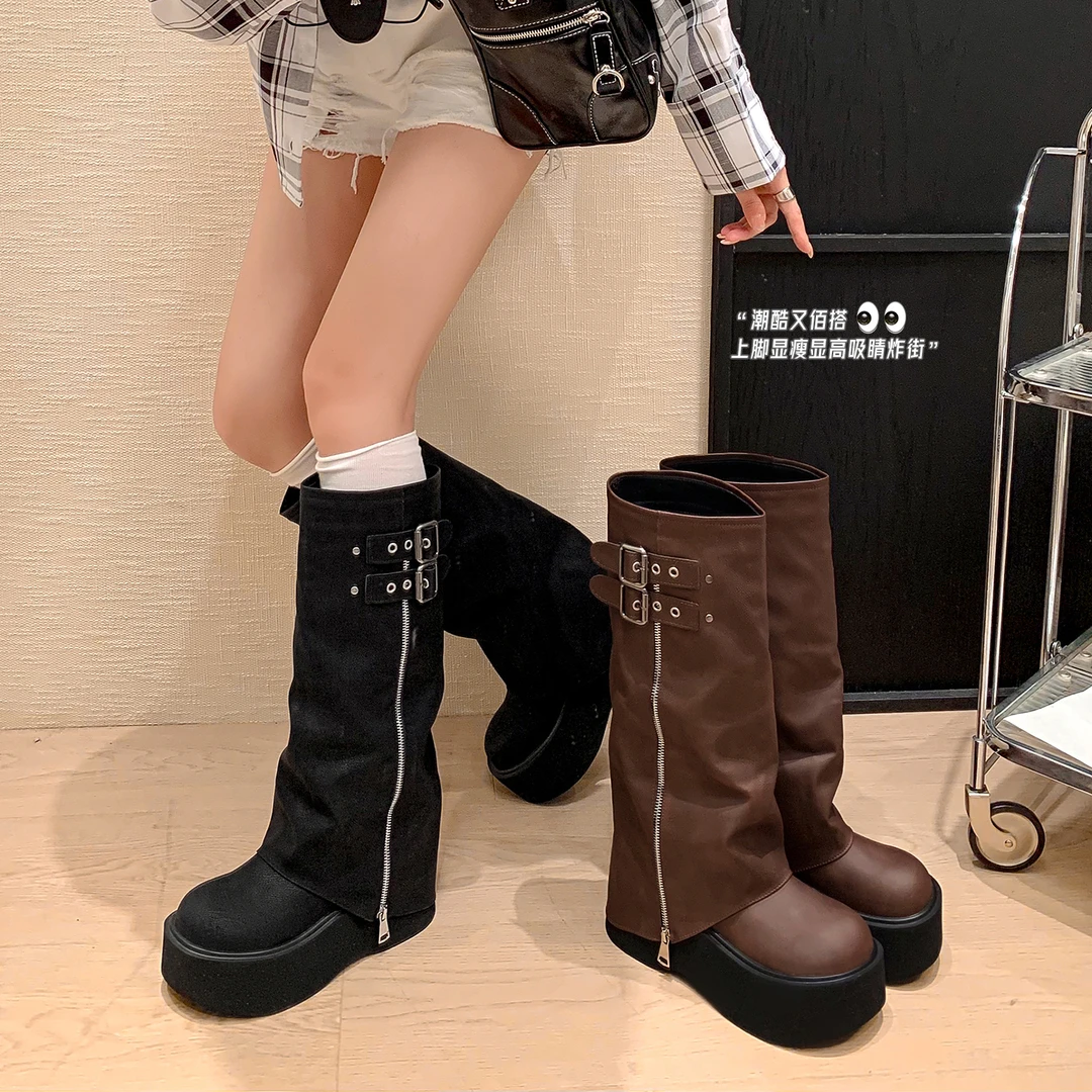 大码靴子女胖mm长筒靴秋冬大筒围骑士靴粗腿厚底裤管靴高筒长靴潮