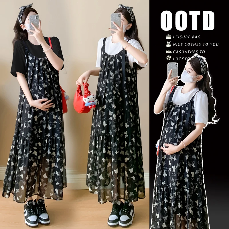 孕妇装夏季显瘦宽松连衣裙碎花法式温柔风蝴蝶花吊带裙时尚两件套