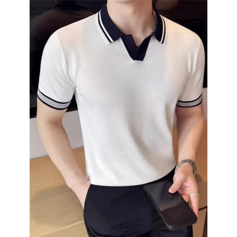 夏季薄款V领冰丝针织polo衫男短袖时尚透气修身痞帅气潮流休闲T恤