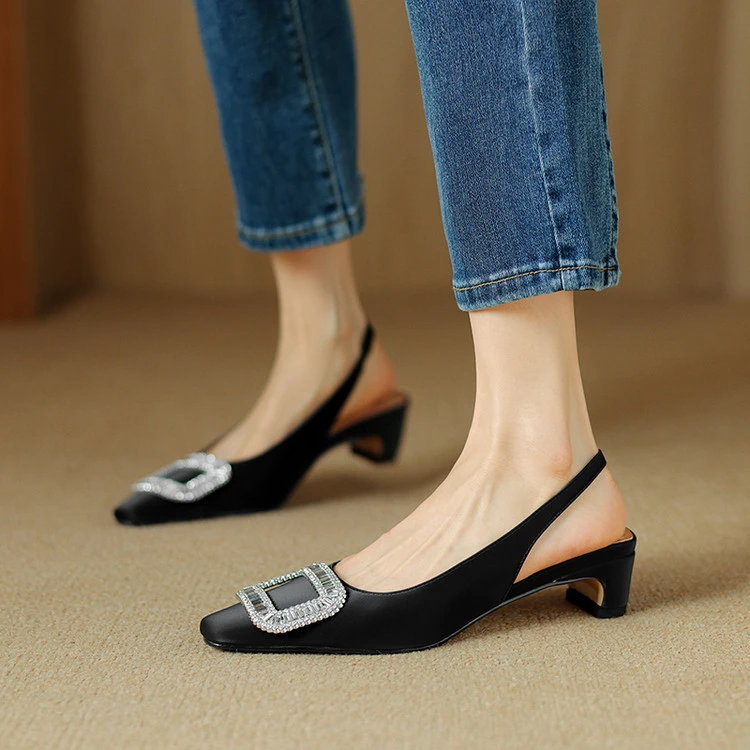 3cm~水钻方扣包头后空凉鞋粗跟真皮夏季百搭浅口中跟不累脚高跟鞋