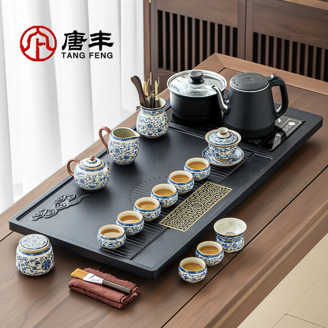 唐丰青花汝窑茶具套装家用高档轻奢办公会客珐琅彩茶具茶台一整套