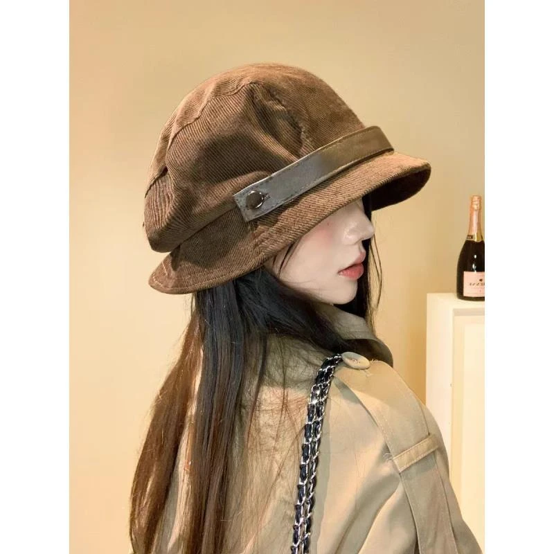2025新款皮带棕色灯芯绒渔夫帽子女秋冬季休闲百搭素颜出街显脸小