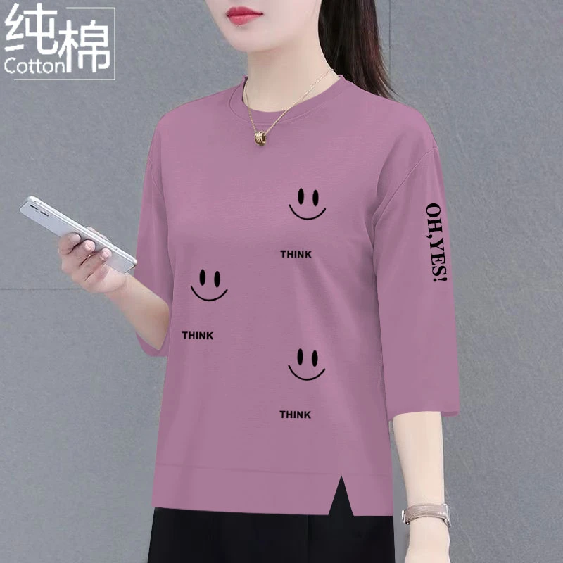 纯棉七分袖t恤女中年妈妈装夏季新款洋气宽松显瘦遮肚上衣女体恤