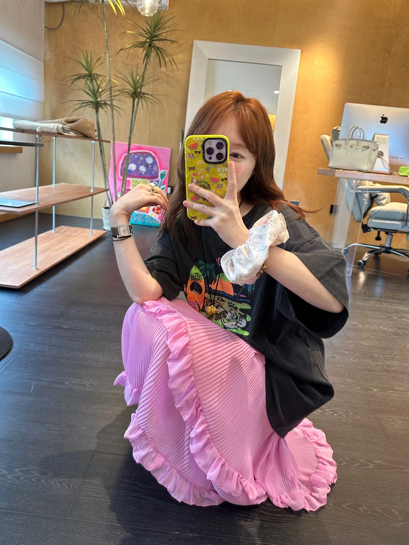 【BORAKOO】粉色荷叶边~风琴褶蛋糕半身裙