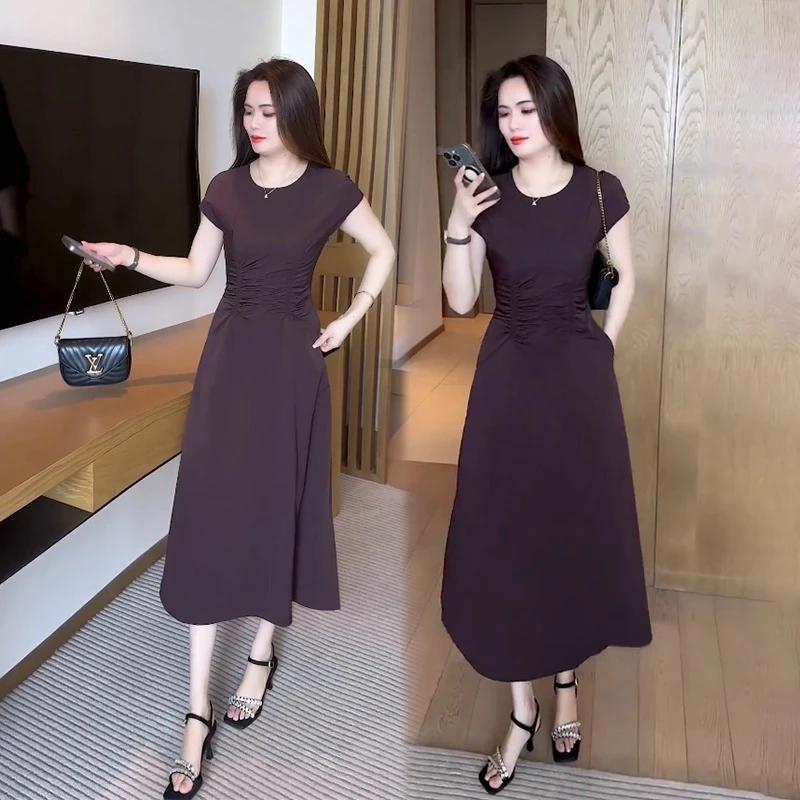 短袖连衣裙女2025夏季新款女装减龄时尚洋气质显瘦漂亮中长款裙子